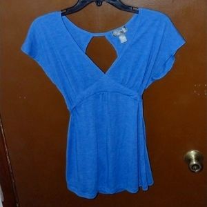 Women's V Neck short sleeve Blouse with open back and tie around waist.